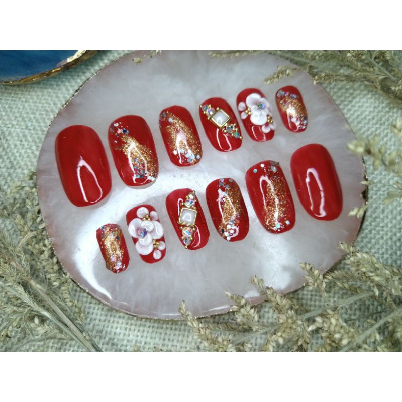 KUKU PALSU WEDDING, KUKU PALSU LAMARAN, KUKU PALSU 3D, KUKU PALSU PREMIUM, FAKE NAIL, NAIL ART, Press On Nails merah mix gold