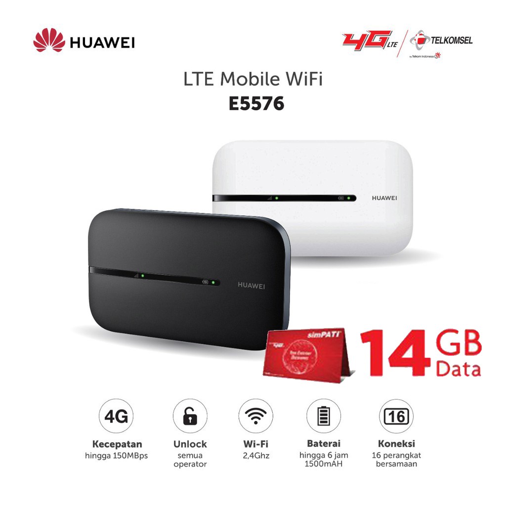 Mifi 4G LTE Huawei E5576 UNLOCKED Free Telkomsel 14GB Garansi Resmi Penerus E5673 E5573