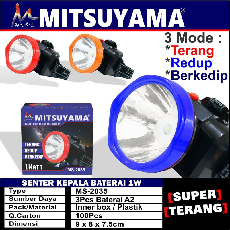 Senter Kepala Baterai Headlamp Mitsuyama MS-2035 / Senter Kepala Super Terang LED 1 Watt