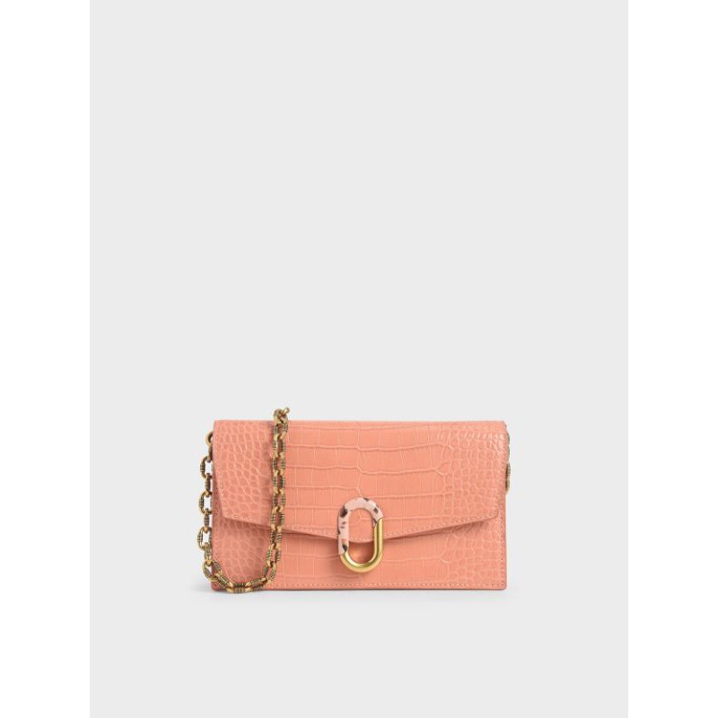 Charles & Keith Croc-Effect Stone-Embellished Envelope Wallet