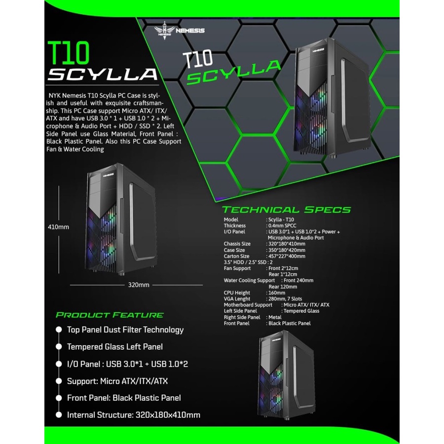 NYK T10 Scylla Casing Komputer / Casing PC Gaming M ATX