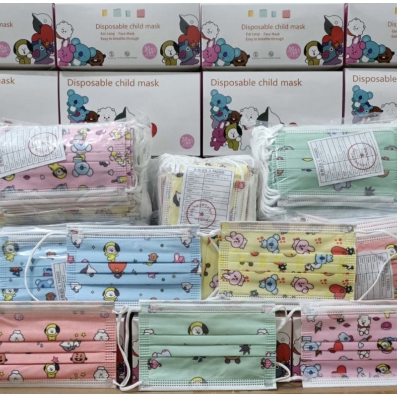 Masker Anak Earloop 3PLY - Masker Anak Karakter BTS - Masker Anak Earloop Motif Kartun ECER