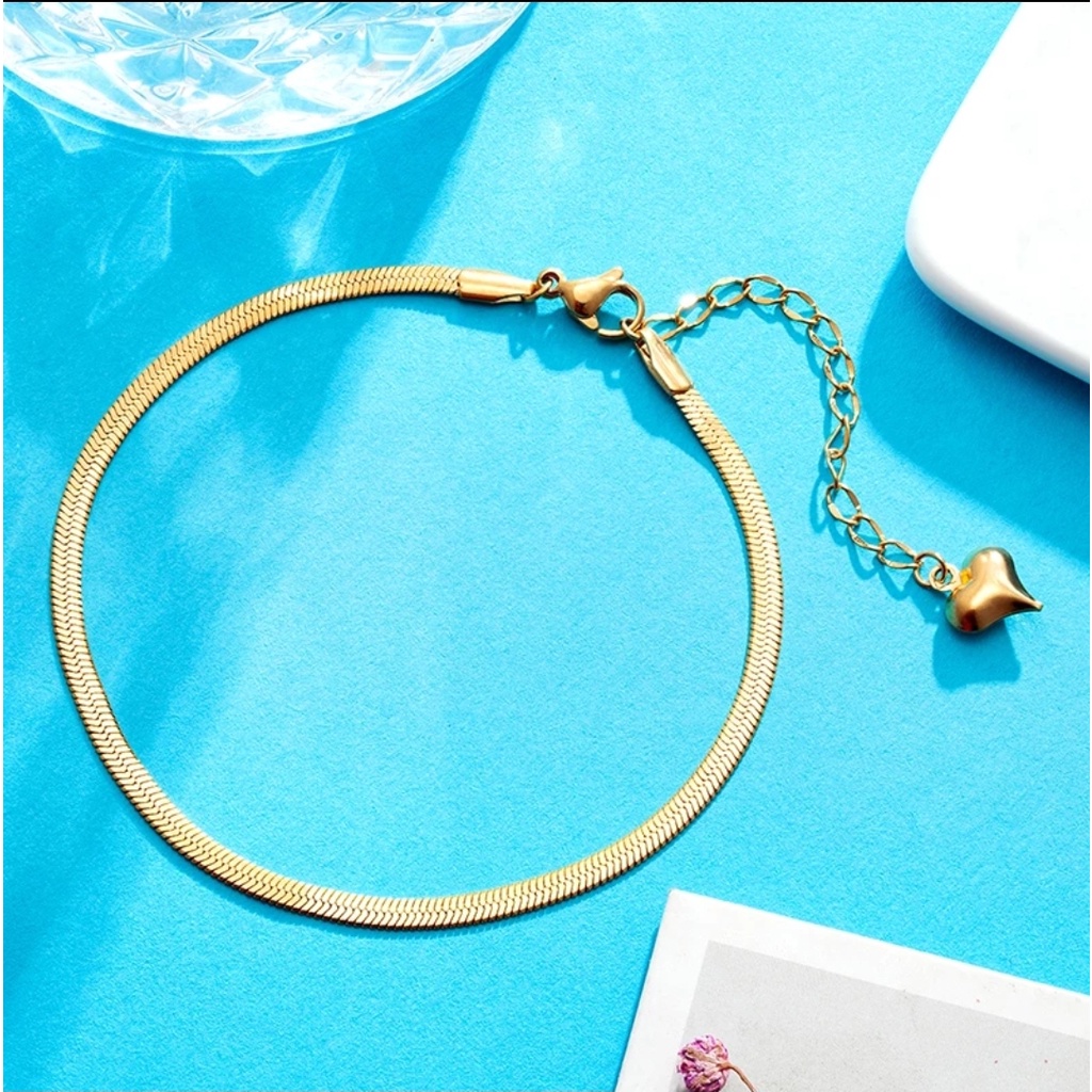 Gelang Kaki Titanium Model Rantai Belut Pipih Tersedia Warna Rose Gold, Gold dan Silver