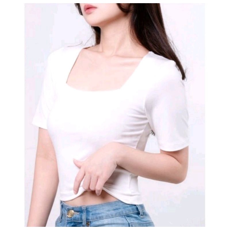 KAOS CROP LEHER KOTAK / CROPTOP WANITA / KAOS KOREA CROP KOTAK NECK SIZE L &amp; XL