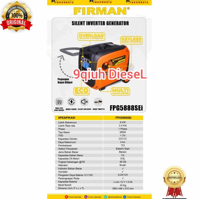 Mesin Genset 4000watt Firman Silent Inverter Generator set FPG-5888SEi