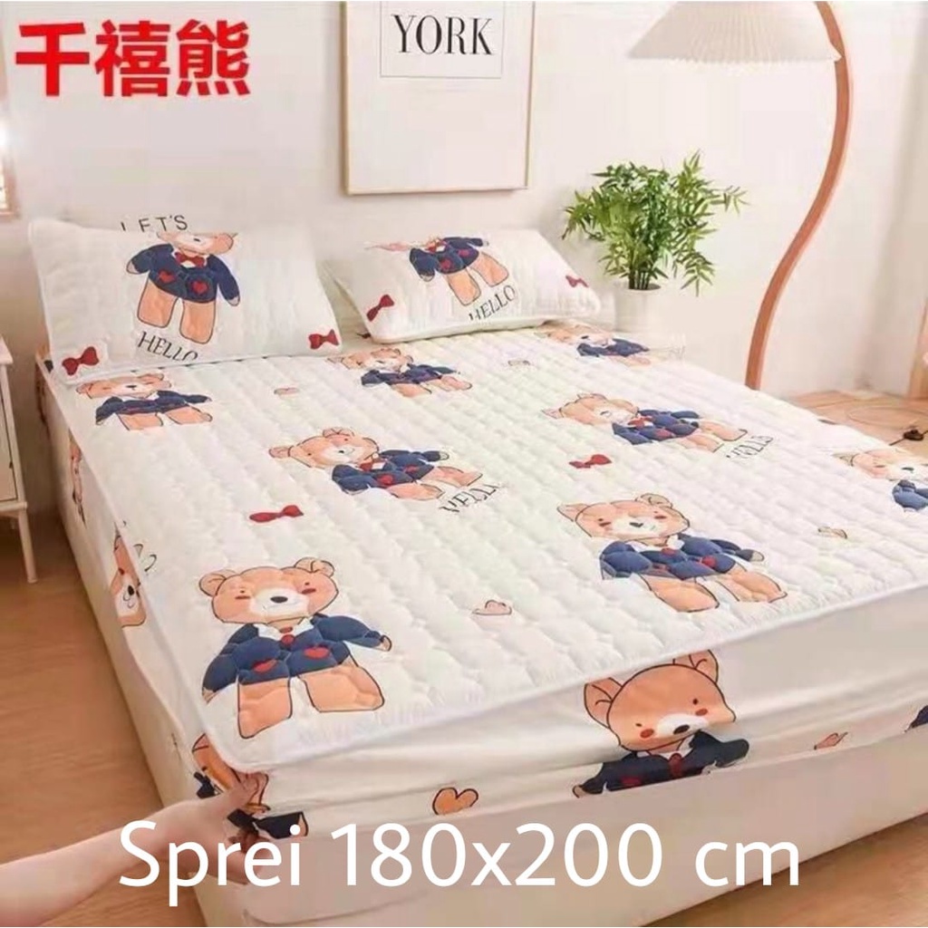 Sprei Waterproof / Sprei Protektor bermotif  ukuran 180x200cm-cream boneka bear