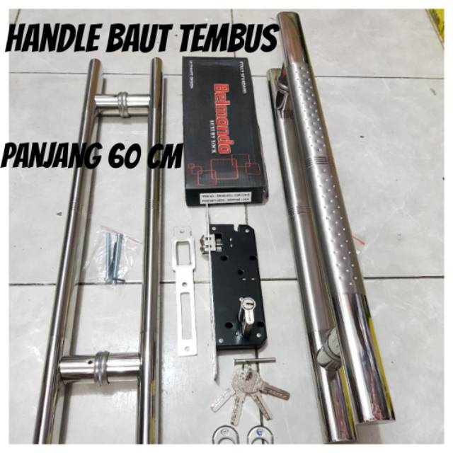 Paket handle pintu stainless baut tembus oval 60cm 2set + kunci pelor