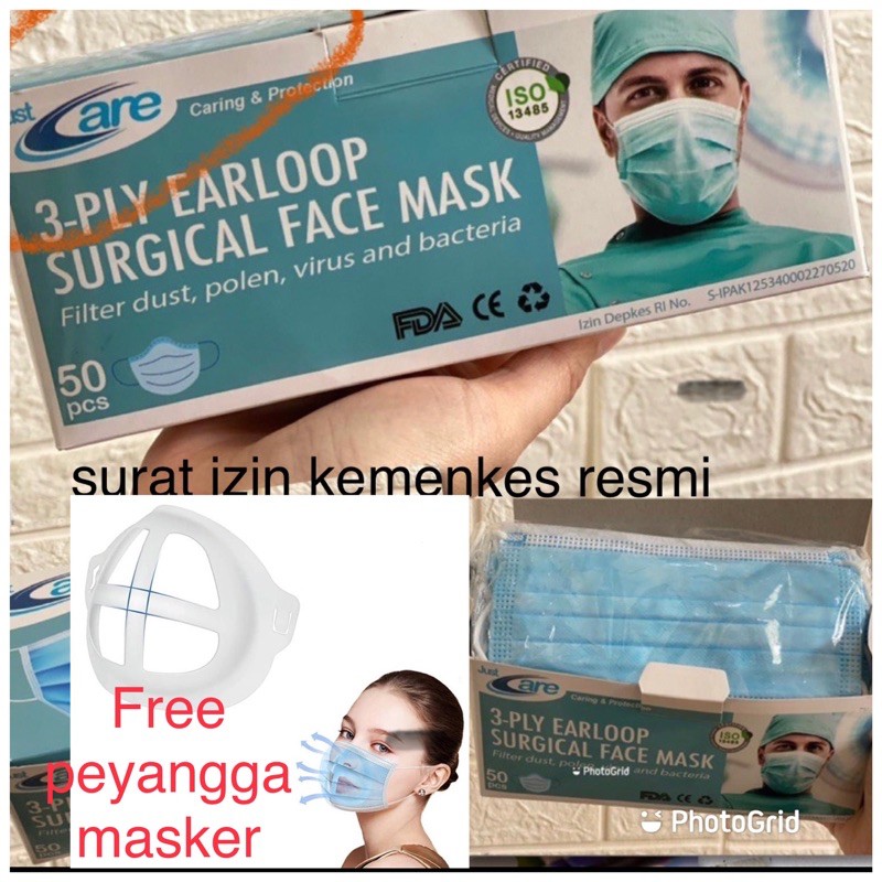 Masker just care 3ply Masker medis surat izin resmi kemenkes Masker 3ply kualitas terjamin 50pcs