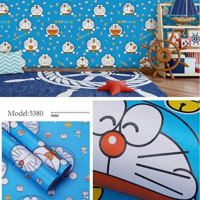 Wallpaper Dinding Motif Doraemon Kepala Ukuran Panjang 10Meter x Lebar 45CM