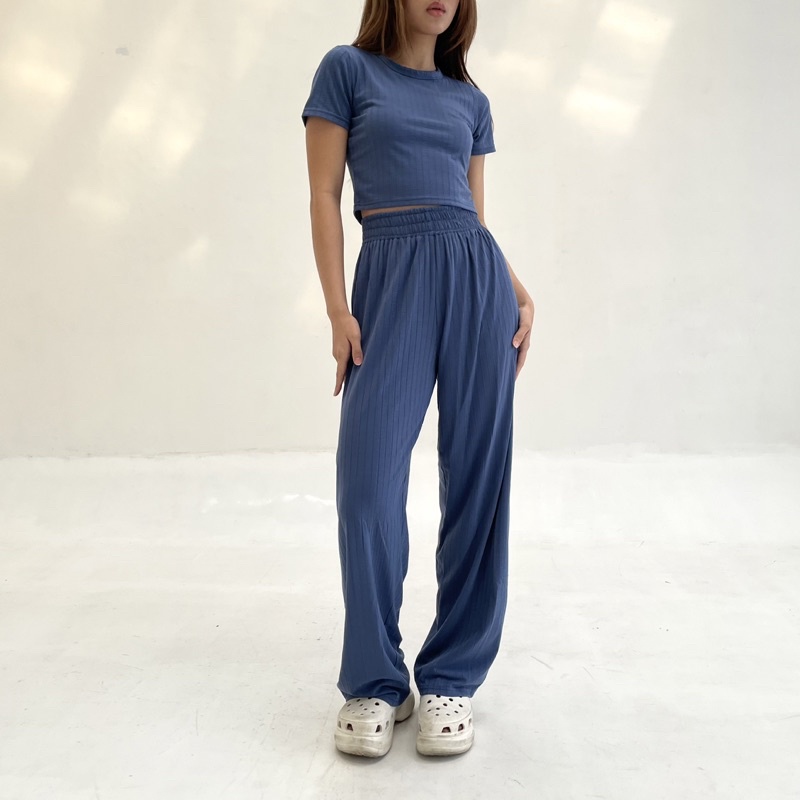 GEMMA SET | Setelan Wanita Ribbed Knit Set Crop Top Lengan Celana Panjang Highwaist Highwaisted Pants