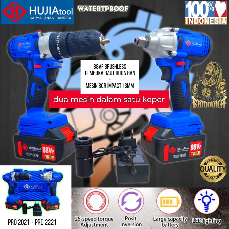 Impact wrench + mesin bor baterai cordless drill hujia pembuka baut komplit paket hemat pro2021 pro 