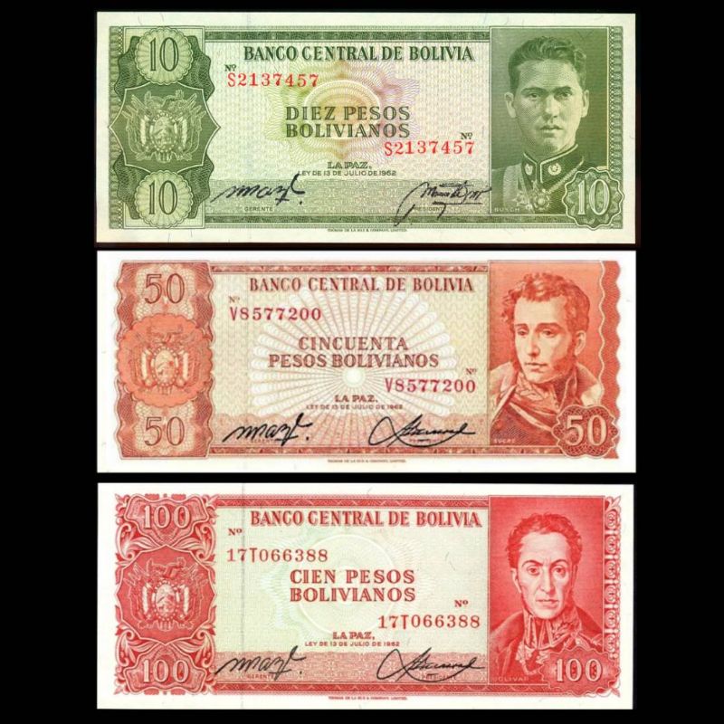 UANG BOLIVIA 10 50 100 BOLIVIANOS 1962 UNC ALL SET 3 LEMBAR