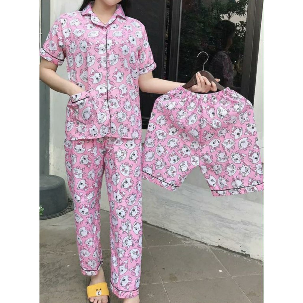 JNV Piyama CP 3in1 Wanita Motif Karakter Kartun 03 - Baju Tidur 3in1 - Bahan Katun-K Marie Cat Pink