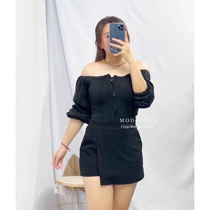 MDLV ~ BAJU RAJUT CROP BUTTON ANGEL // SABRINA CROP RAJUT // FASHION WANITA