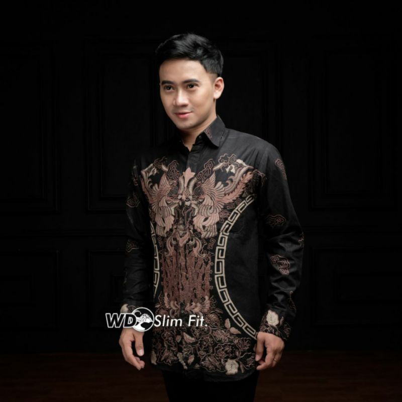Batik Pria Lengan Panjang BATIK NAKULA HRB026 motif KERATONAN Kode 002 size M L XL XXL Reguler-Kluwung hitam