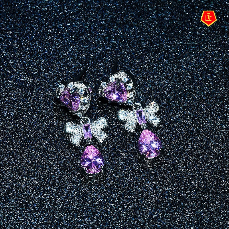 [Ready Stock]Retro Pink Crystal Bow Stud Earrings Sweet Temperament