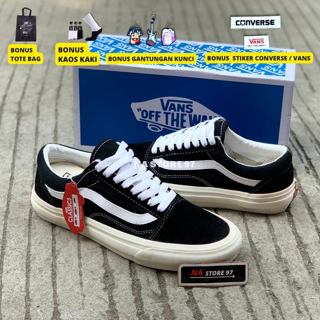 (GRATIS KAOS KAKI &amp; STIKER) Vans Oldskool OG Premium Quality Black White Sepatu Sekolah