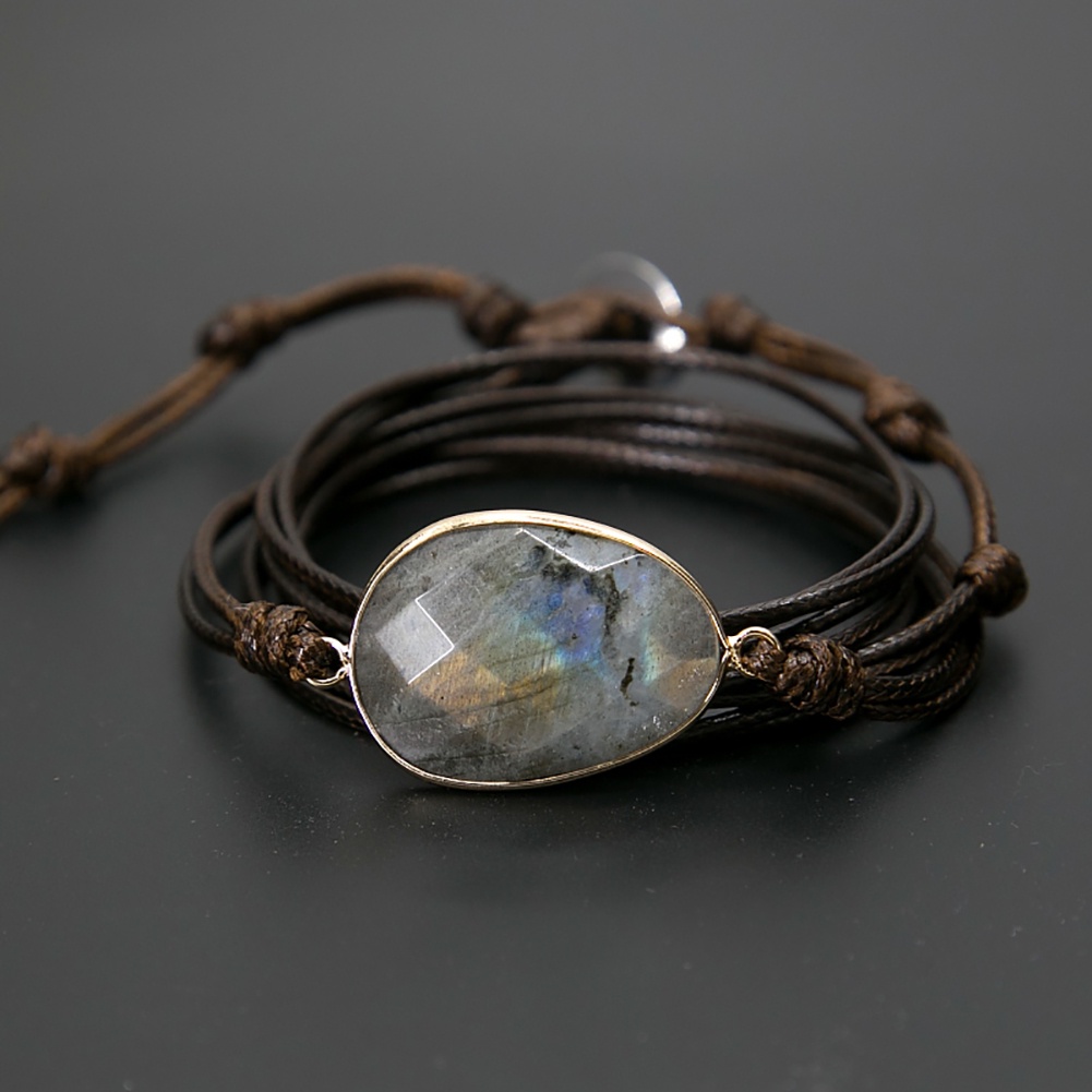 Hu Hu Hu Hu Hu Alat Bantu Pasang Kacamata♡ Gelang Tangan Tali Lilin Banyak Lapis Aksen Batu Labradorite Boho Handmade Untuk Unisexpriawanita