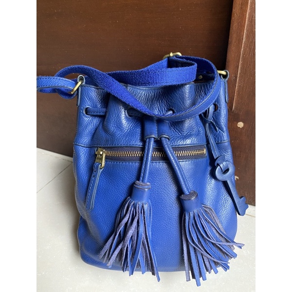 Tas Fossil Jules Drawstring Blue Sapphire Original Leather Sling Bag Biru