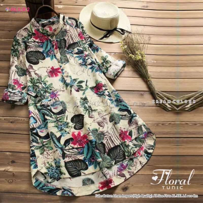 Floral Tunic Tunik ori Alila #2 Motif Bunga Busui ld 110cm matt Cotton Linen Import HQ Atasan Wanita