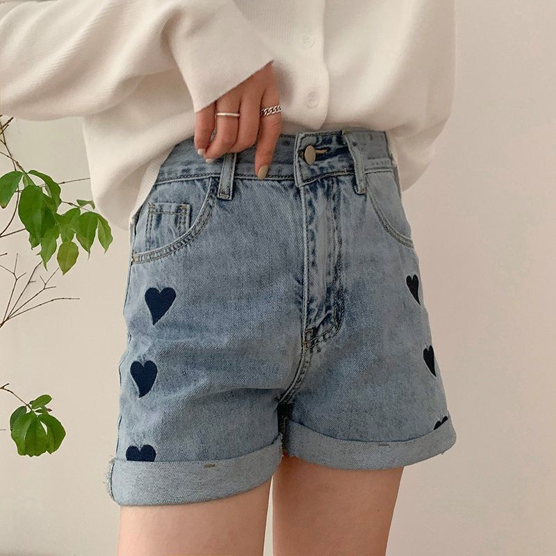 MAGCUN- Short Pants High waist Hot Pants Celana Pendek Jeans Wanita Korea Style Motif Bordir Love