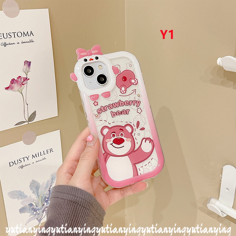 Kartun Strawberry Bear Manyo Couple Case Oppo A17 A96 A57 2022 A16 A5 A9 A54 A3s A7 A5s A12 A53 A17K A74 A95 A16K A52 Reno 4F 5F 5 7 A76 A15 A55 A31 A15S A16s 3D Monster Cover