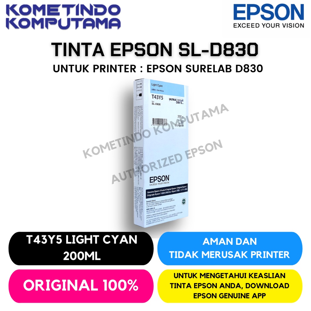 D830 Light Cyan TINTA CATRIDGE T43Y5 EPSON SL-D830 200ML Original 100% C13T43Y500 Biru Muda