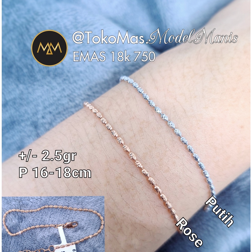 gelang biji lada kapsul emas putih rosegold si 750 kadar 18 K