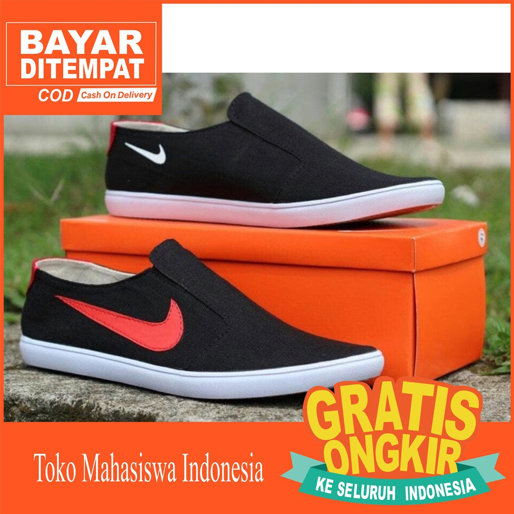 Sepatu Slip On Nike Pria Casual Kualitas Premium - Hitam Merah Terlaris