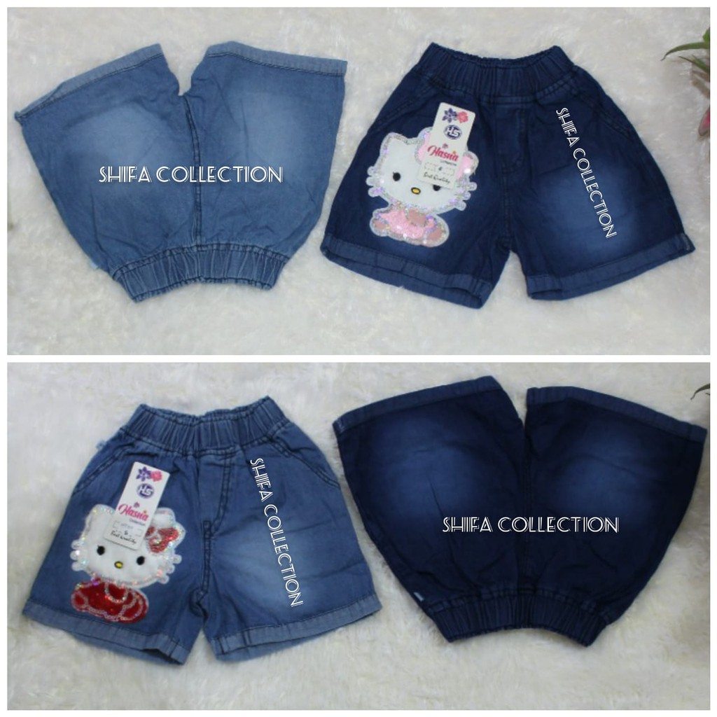 Celana Pendek Anak / Celana Jeans Pendek / Celana Hot Pant sJeans Karekter Boneka LED Size 4 5 6 / M L XL (usia 4-9 tahun)