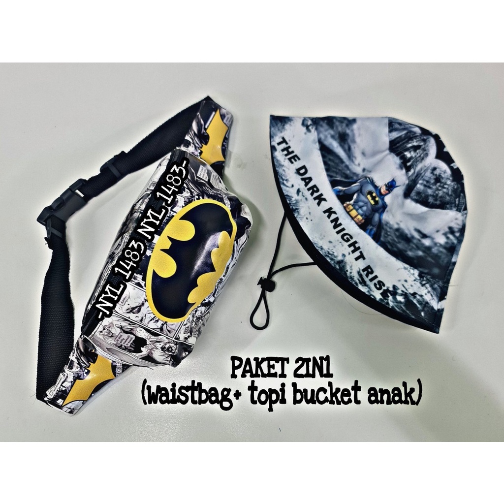 Paket anak 2 in 1 Waistbag anak laki laki dan topi Bucket anak karakter kartun untuk usia 2-9 thn