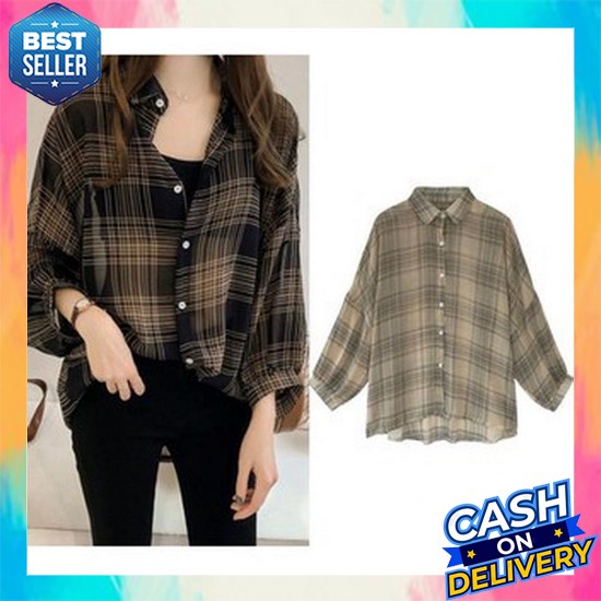 Kemeja Wanita Oversize Lengan Panjang Polos Korea Casual Import Murah Kekinian Twistcone Hitam Putih