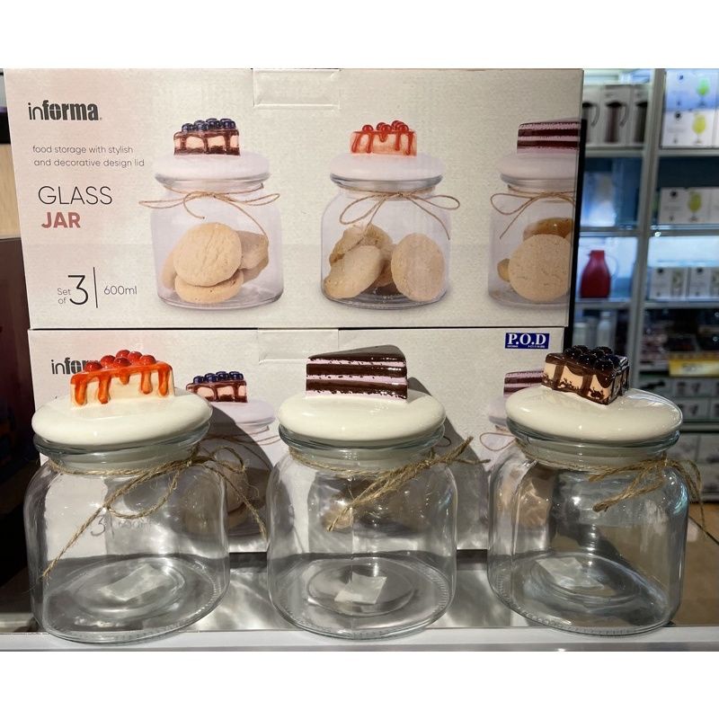 SOFT CAKE GLASS JAR 600ML SET OF 3/ stoples kue informa / stoples lebaran kaca toples makanan kue ke