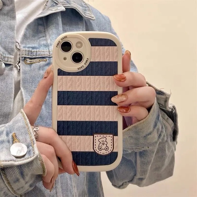 Case Beruang Kartun Lucu Redmi Note10 8 9 9s 10s 11Pro 11 11s 9pro 10pro Max Redmi 12C 10 9T 9A 9 10C 9C NFC POCO M3 X3 Pro X3 NFC Rajut Motif Garis Splicing Lembut TPU Cover