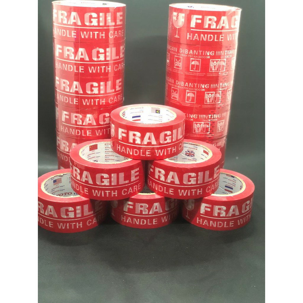 LAKBAN FRAGILE 48 MM 80 YARD - ISOLASI FRAGILE JANGAN DIBANTING ONLINE SHOP MERAH PUTIH SEGEL