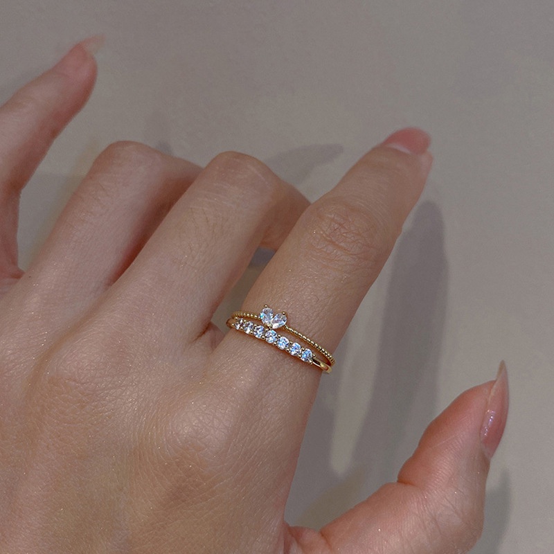 Roselife Cincin Model Terbuka Lapis Emas 14K Desain Hati Hias Kristal Zircon Gaya Korea Untuk Wanita