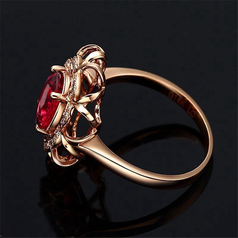 Seusuk 1pc Cincin Rose Gold 18k Desain Bunga Hias Batu Permata Merah Gaya Korea Untuk Wanita