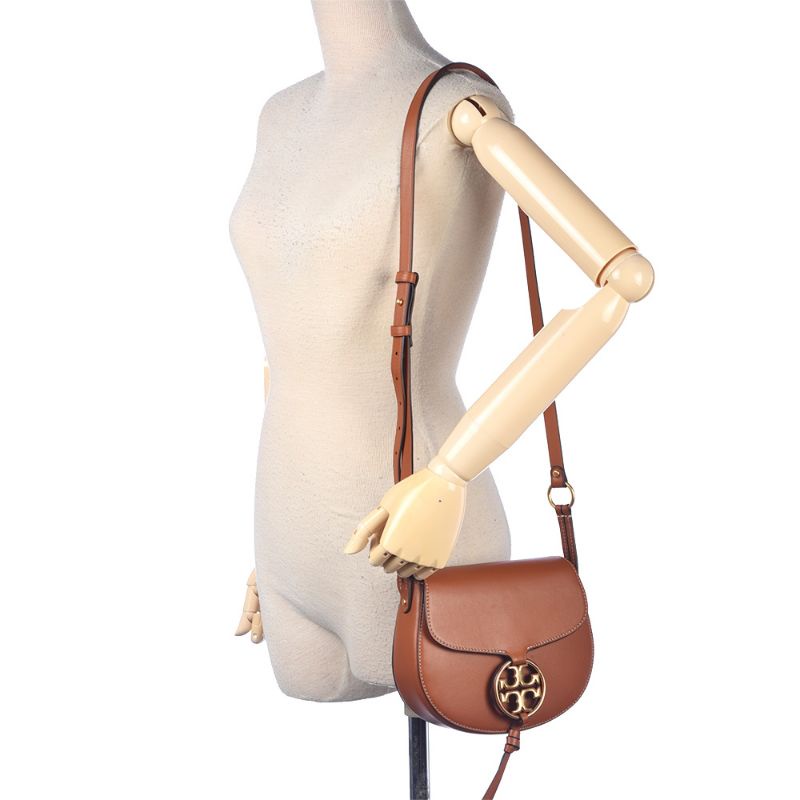 Tory Burch Miller Hollow Logo Leather Crossbody Saddle Bag (Small) Camel Coffee