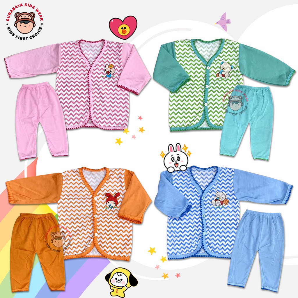 Piyama / Baju Tidur Anak Warna Motif Zig Zag Bordir Binatang