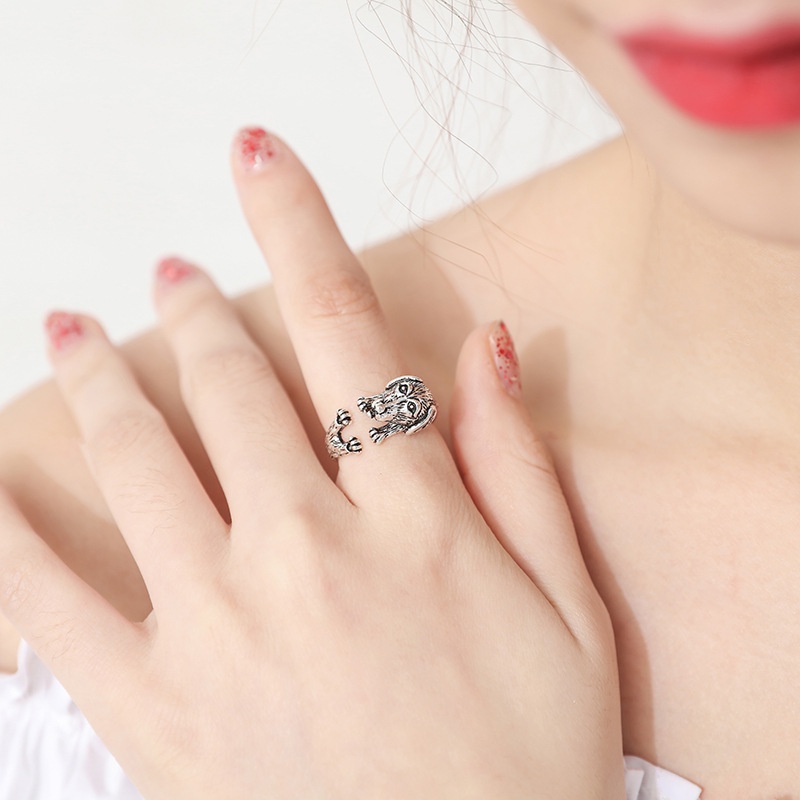 Cincin Model Terbuka Desain Hewan Zodiak Anjing Gaya retro Jepang Dan Korea Untuk Wanita