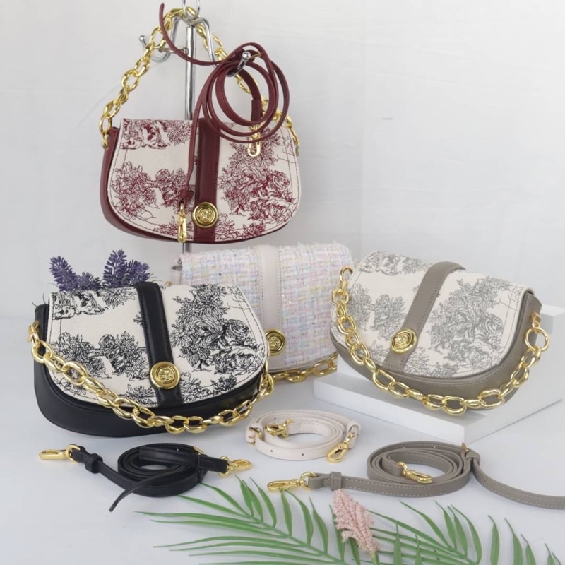 Tas Kulit Selempang Jinjing Wanita Motif Bunga CK Leather Slingbag Handbag Premium Import Hitam Blac