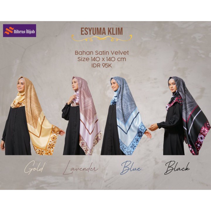 NIBRAS HIJAB ESYUMA KLIM BAHAN SATIN VELVET HIJAB SEGIEMPAT SYARI MOTIF