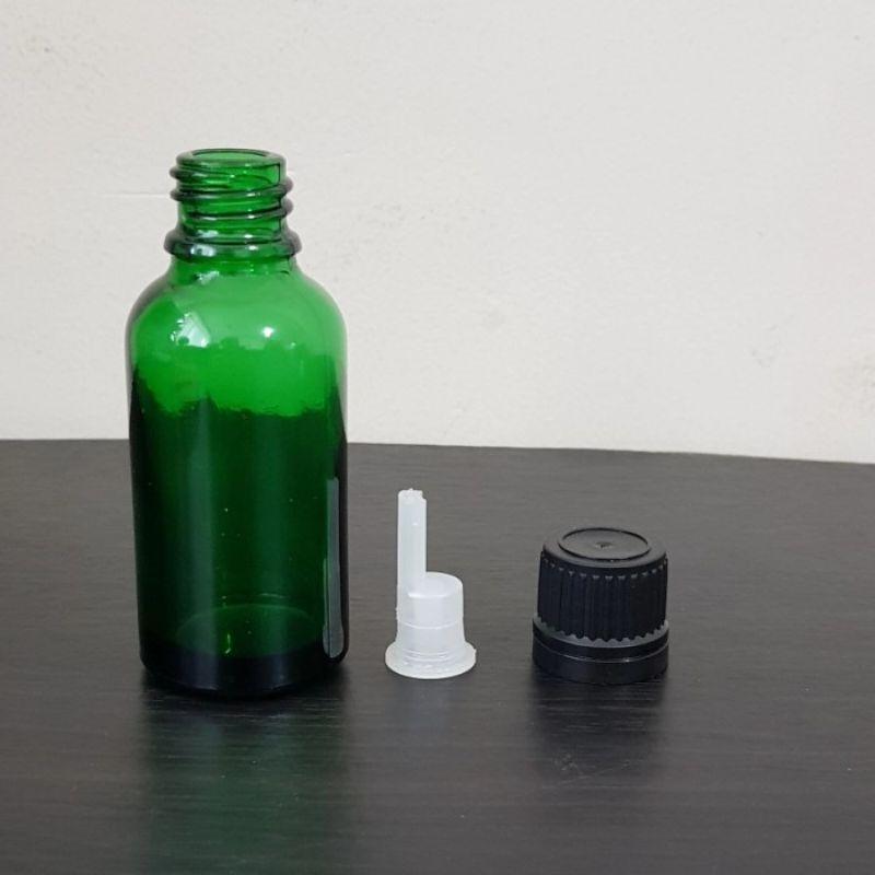 botol kaca 30ml tebal hijau tutup filler hitam