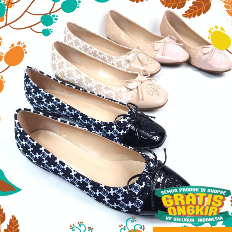 sepatu sendal pink salem grey ungu hijau muda tua dark light / Tory Burch Flat Shoes with Ribbon + p