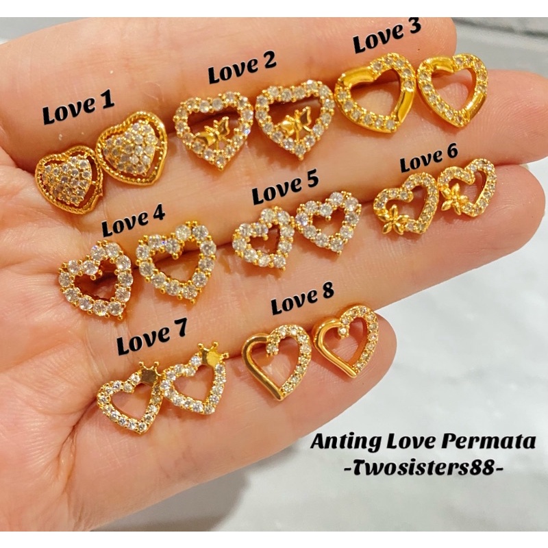 ANTING WARNA EMAS GIWANG TUSUK PERMATA LOVE IMITASI