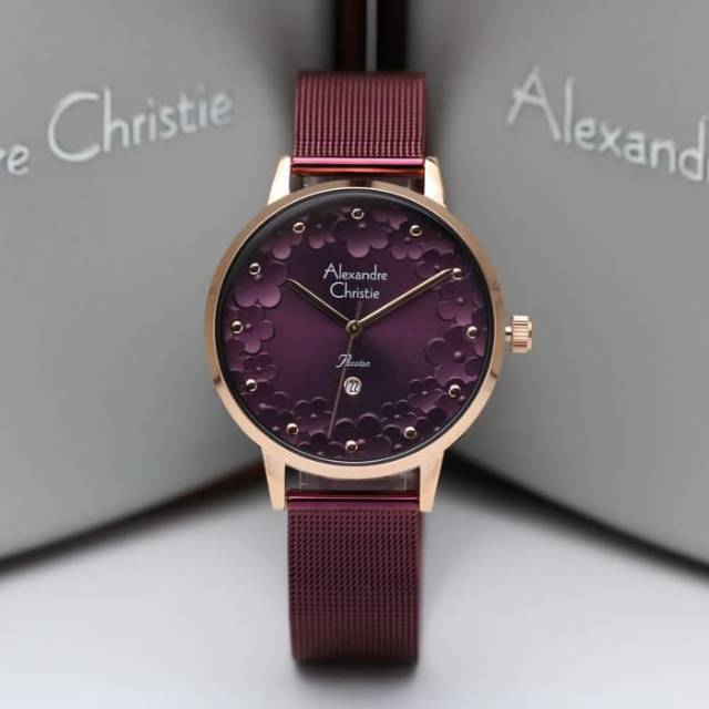ORIGINAL JAM TANGAN WANITA ALEXANDRE CHRISTIE CEWEK ROSEGOLD PURPLE RANTAI ALEXANDER CRISTIE AC 2794
