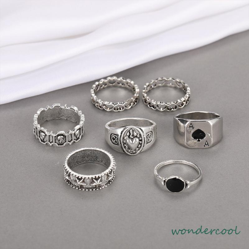 7 Pcs Cincin Jari Bentuk Hati Tidak Teratur Warna-Warni Gaya Punk Retro Untuk Pria -Won