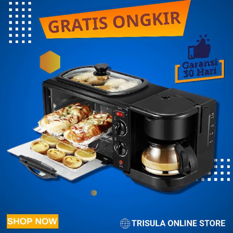 CUKYI Breakfast Machine 3 in 1 Alat Pembuat Sarapan Multifungsi Oven Mesin Kopi Grill Pan 640+450W