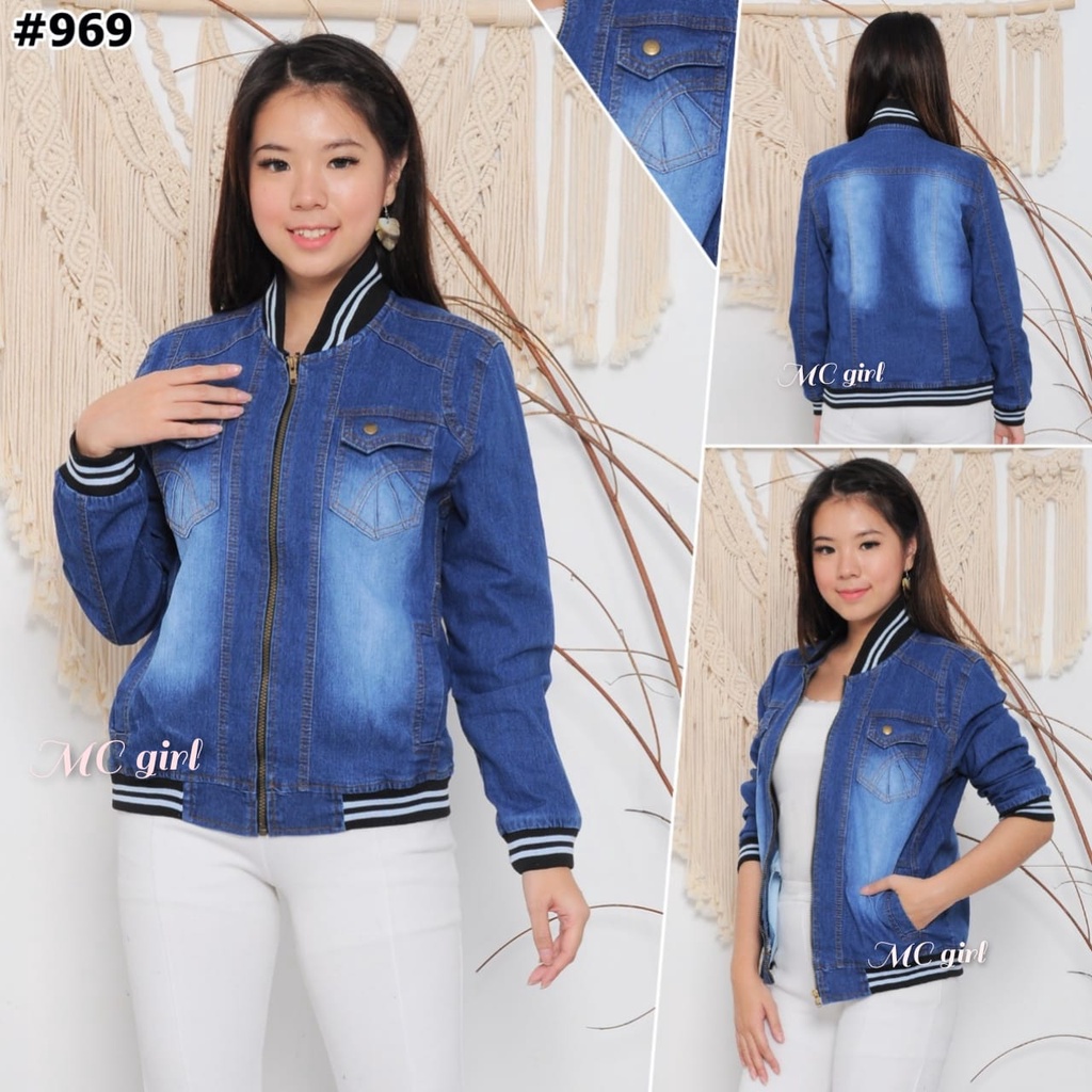 MC girl - Jaket Jeans Bomber Premium Wanita / Jacket Lepis Baseball Cewek / Jaket Denim pinggang Karet / Outer Jins Kerah Karet