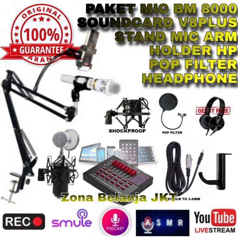 FULL PAKET MIC CONDENSER BM 8000 SOUNDCARD V8 PLUS LIVE RECORDING PODCAST